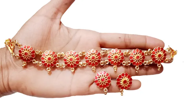Assamese_Traditional_Gold_Plated_Red_Colour_Golpata_Necklace_Set_For_Women